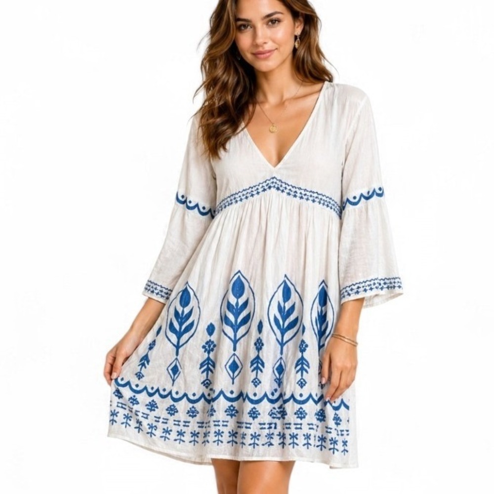 Piambo Blue & White Embroidered Boho Tunic Dress | V-Neck |  Size Large